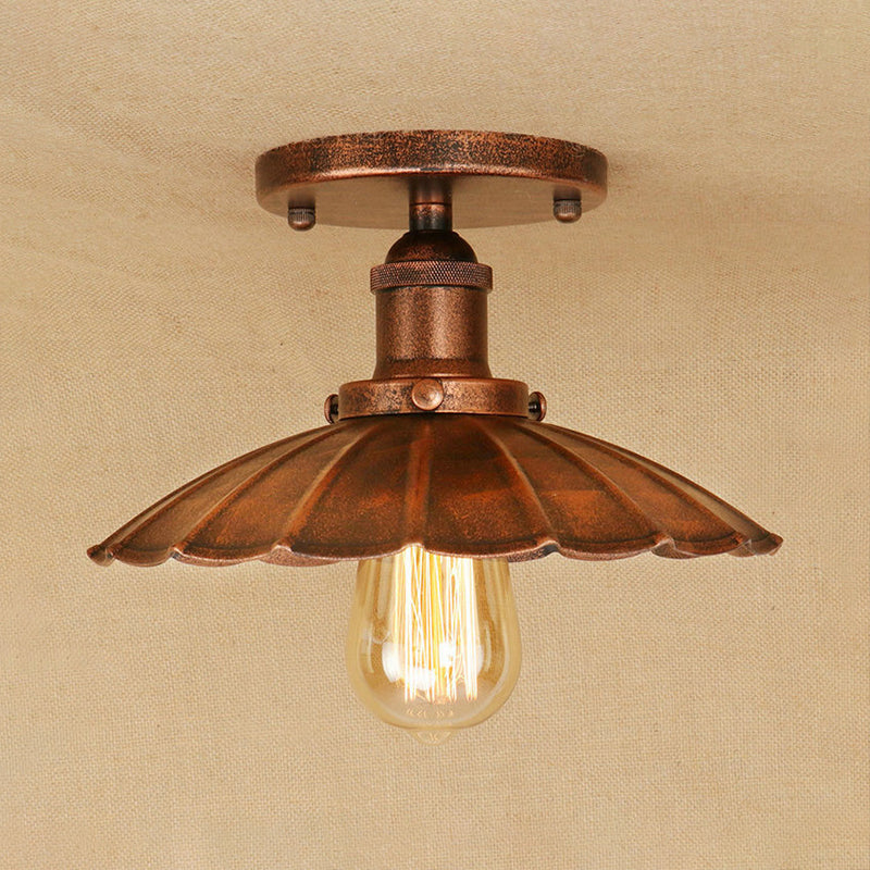 1 Head Iron Semi Flush Light Antique Style Rust/Black Scalloped Shade Balcony Semi Flush Mount Lighting Rust Clearhalo 'Ceiling Lights' 'Close To Ceiling Lights' 'Close to ceiling' 'Flush mount' 'Industrial Flush Mount' Lighting' 602321