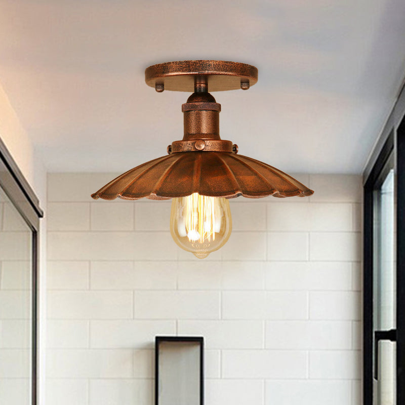 1 Head Iron Semi Flush Light Antique Style Rust/Black Scalloped Shade Balcony Semi Flush Mount Lighting Clearhalo 'Ceiling Lights' 'Close To Ceiling Lights' 'Close to ceiling' 'Flush mount' 'Industrial Flush Mount' Lighting' 602322