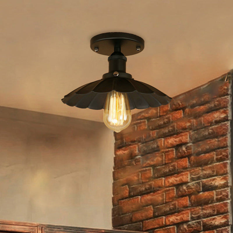 1 Head Iron Semi Flush Light Antique Style Rust/Black Scalloped Shade Balcony Semi Flush Mount Lighting Clearhalo 'Ceiling Lights' 'Close To Ceiling Lights' 'Close to ceiling' 'Flush mount' 'Industrial Flush Mount' Lighting' 602327