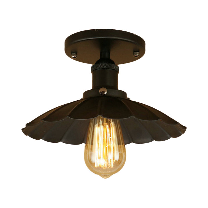 1 Head Iron Semi Flush Light Antique Style Rust/Black Scalloped Shade Balcony Semi Flush Mount Lighting Clearhalo 'Ceiling Lights' 'Close To Ceiling Lights' 'Close to ceiling' 'Flush mount' 'Industrial Flush Mount' Lighting' 602329