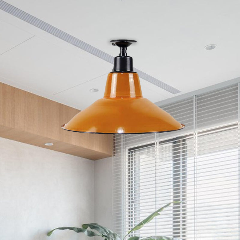 Vintage Style Cone Semi Flush Mount Lighting 1 Bulb Metal Ceiling Light Fixture in Orange for Balcony Clearhalo 'Ceiling Lights' 'Close To Ceiling Lights' 'Close to ceiling' 'Flush mount' 'Industrial Flush Mount' Lighting' 602408