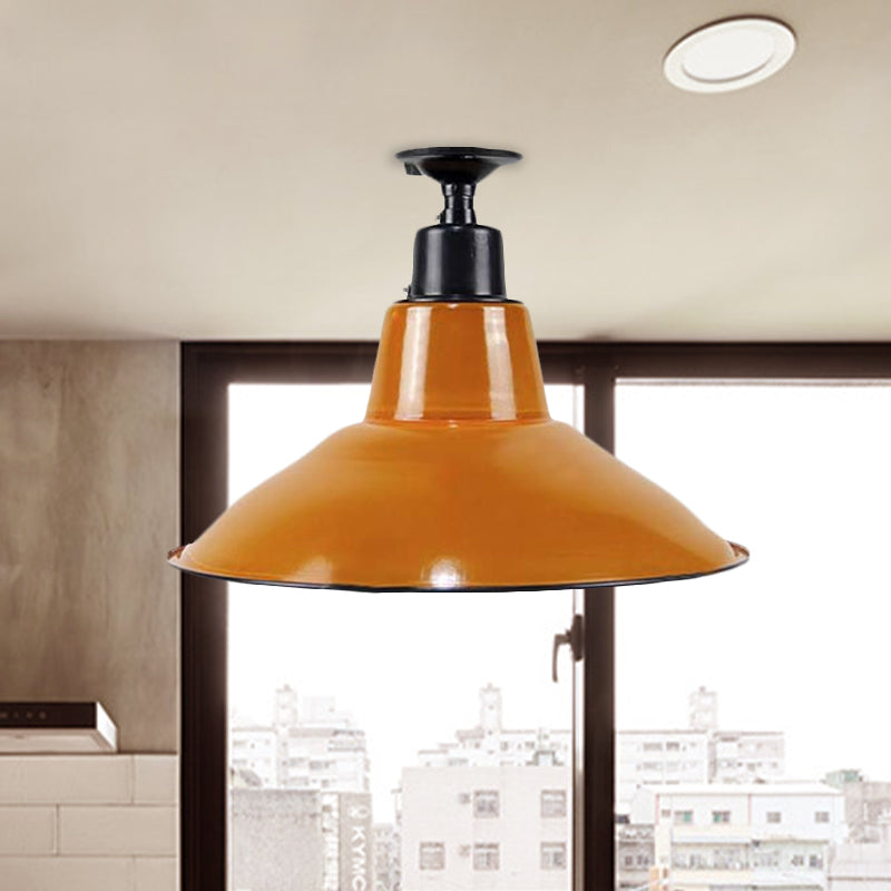 Vintage Style Cone Semi Flush Mount Lighting 1 Bulb Metal Ceiling Light Fixture in Orange for Balcony Clearhalo 'Ceiling Lights' 'Close To Ceiling Lights' 'Close to ceiling' 'Flush mount' 'Industrial Flush Mount' Lighting' 602409