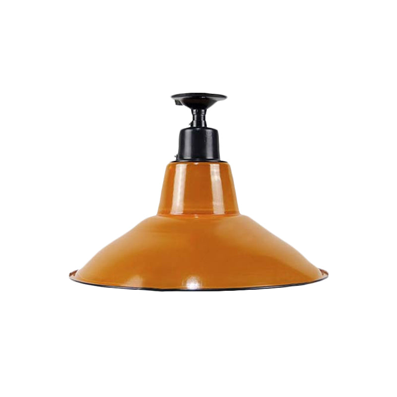 Vintage Style Cone Semi Flush Mount Lighting 1 Bulb Metal Ceiling Light Fixture in Orange for Balcony Clearhalo 'Ceiling Lights' 'Close To Ceiling Lights' 'Close to ceiling' 'Flush mount' 'Industrial Flush Mount' Lighting' 602410