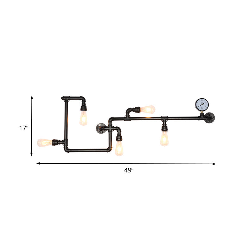 Maze Pipe Restaurant Sconce Vintage Metallic 5-Bulb Copper Wall Mount Lighting with Gauge Deco Clearhalo 'Art deco wall lights' 'Cast Iron' 'Glass' 'Industrial wall lights' 'Industrial' 'Middle century wall lights' 'Modern' 'Rustic wall lights' 'Tiffany' 'Traditional wall lights' 'Wall Lamps & Sconces' 'Wall Lights' Lighting' 602709