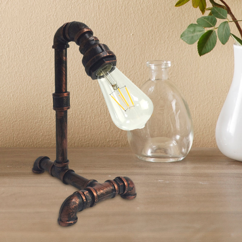 1 Light Exposed Bulb Arm Night Table Light Antiqued Rust/Black Metal Plug In Desk Lamp with Pipe-Like Base Clearhalo 'Lamps' 'Table Lamps' Lighting' 602785