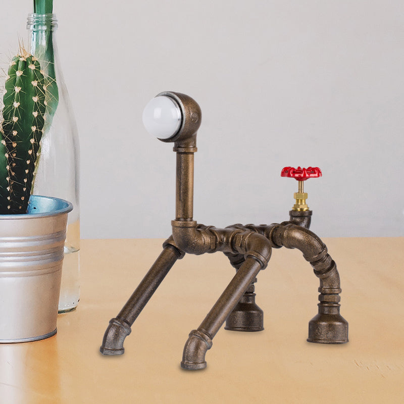 Vintage Dog Robot Small Desk Light 1 Head Metal Table Lamp in Brass with Red Valve Deco for Bedside Brass Clearhalo 'Lamps' 'Table Lamps' Lighting' 602869