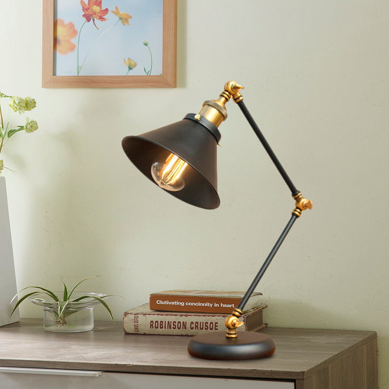 Black/Gold Finish 1 Bulb Desk Light Farmhouse Metallic Swing Arm Nightstand Lamp with Flared Shade Black Clearhalo 'Lamps' 'Table Lamps' Lighting' 603083