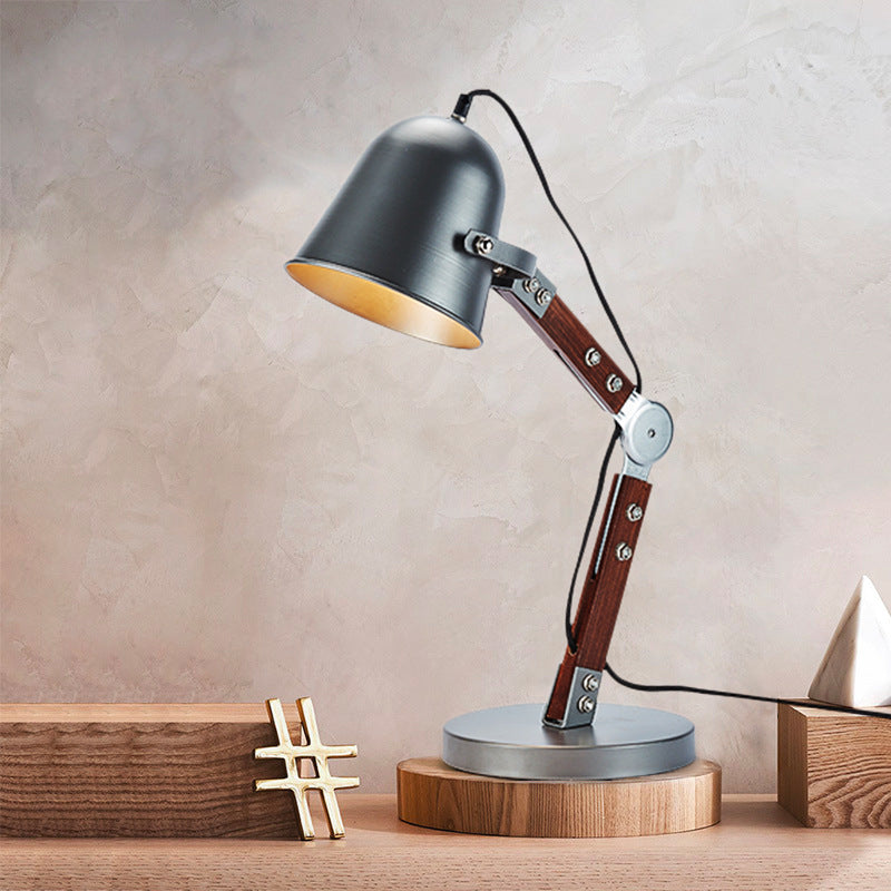 Industrial Bell Table Light 1 Bulb Metallic Plug In Desk Lamp in Black with Swing Wood Arm Clearhalo 'Lamps' 'Table Lamps' Lighting' 603105