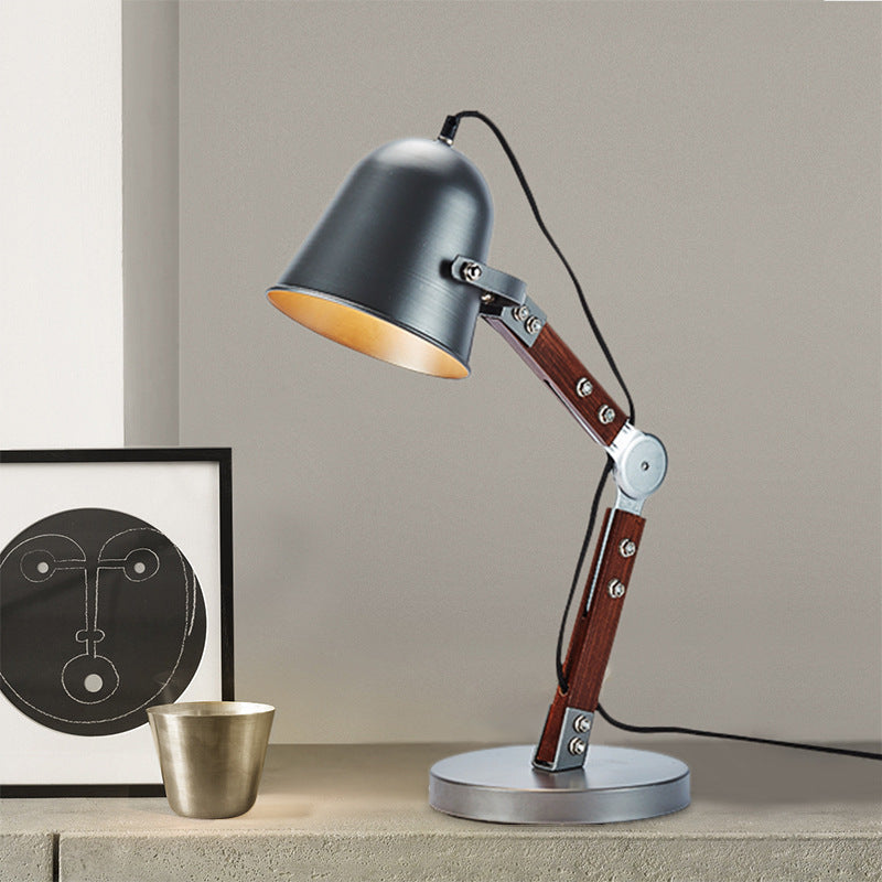 Industrial Bell Table Light 1 Bulb Metallic Plug In Desk Lamp in Black with Swing Wood Arm Clearhalo 'Lamps' 'Table Lamps' Lighting' 603106