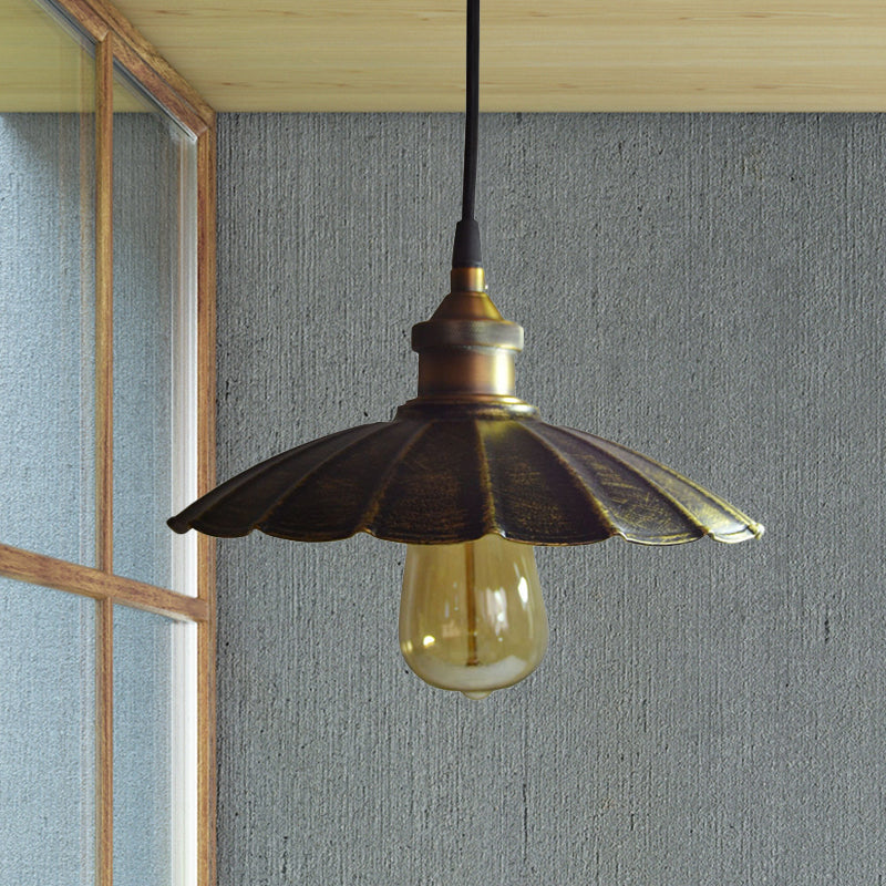 1-Light Pendant Light Fixture Rustic Scalloped Metallic Hanging Lamp in Bronze, 10