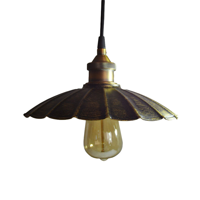 1-Light Pendant Light Fixture Rustic Scalloped Metallic Hanging Lamp in Bronze, 10