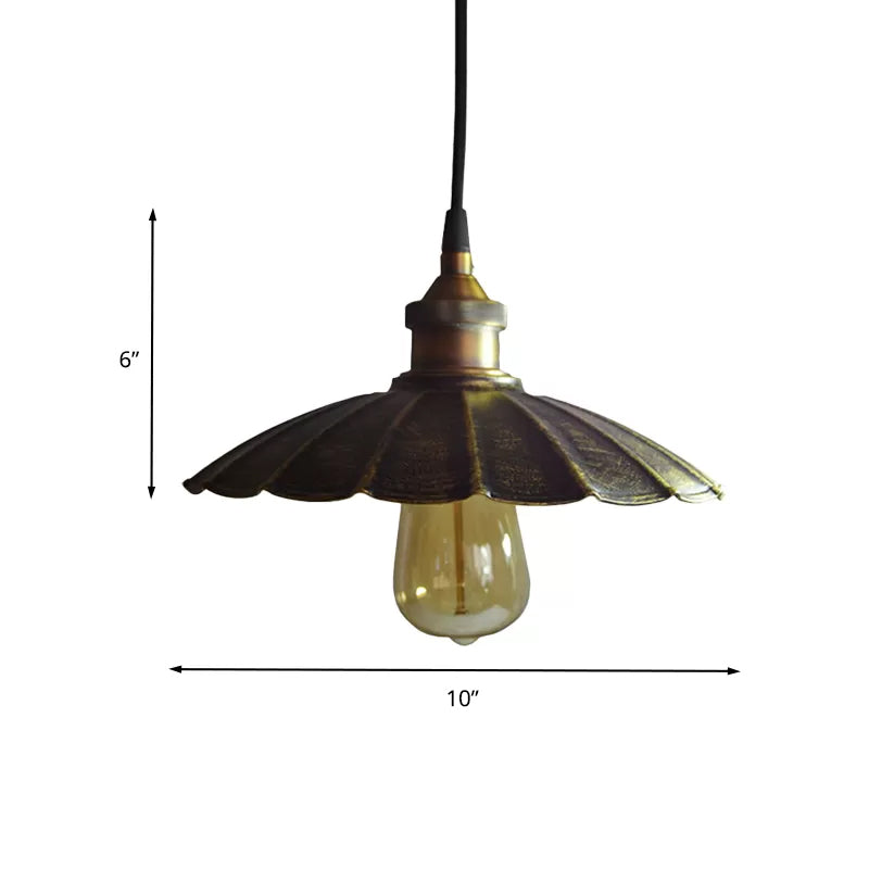 1-Light Pendant Light Fixture Rustic Scalloped Metallic Hanging Lamp in Bronze, 10