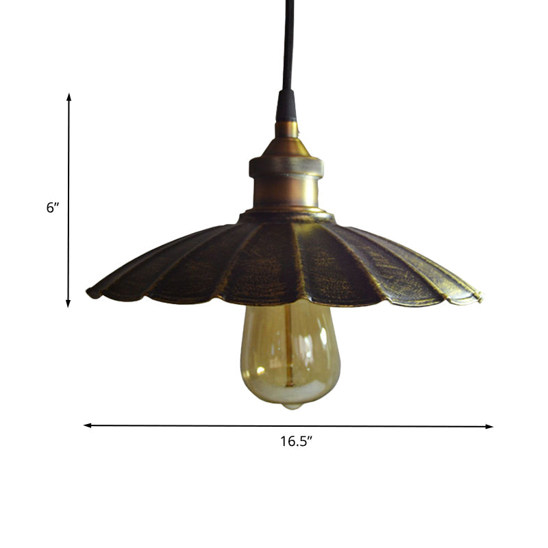 1-Light Pendant Light Fixture Rustic Scalloped Metallic Hanging Lamp in Bronze, 10