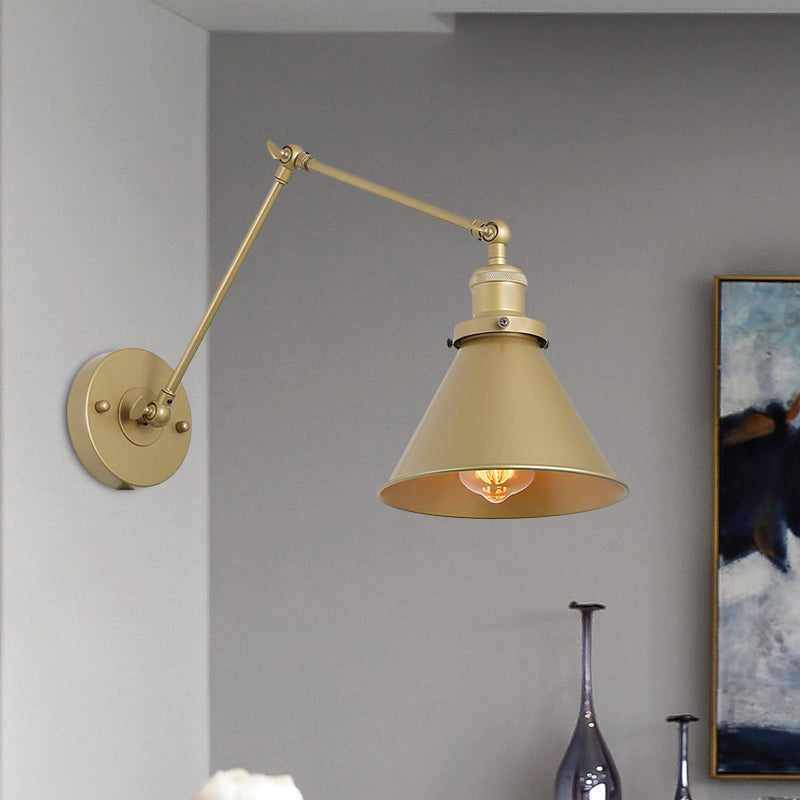 Iron Gold Finish Sconce Lamp Swing Arm 1-Head Industrial Plug-In Wall Mounted Light with Swing Arm Gold Clearhalo 'Art deco wall lights' 'Cast Iron' 'Glass' 'Industrial wall lights' 'Industrial' 'Middle century wall lights' 'Modern' 'Rustic wall lights' 'Tiffany' 'Traditional wall lights' 'Wall Lamps & Sconces' 'Wall Lights' Lighting' 603556