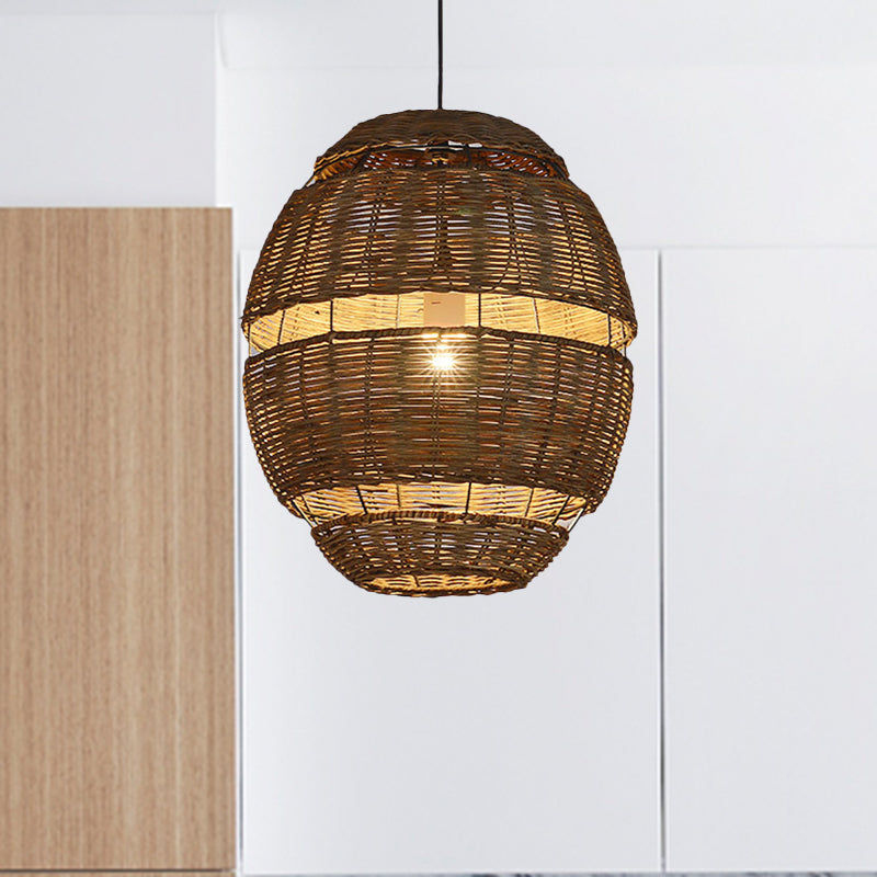 Oval Shade Pendant Lamp Lodge Stylish Rattan 1 Bulb Brown Hanging Light Fixture for Restaurant, 14