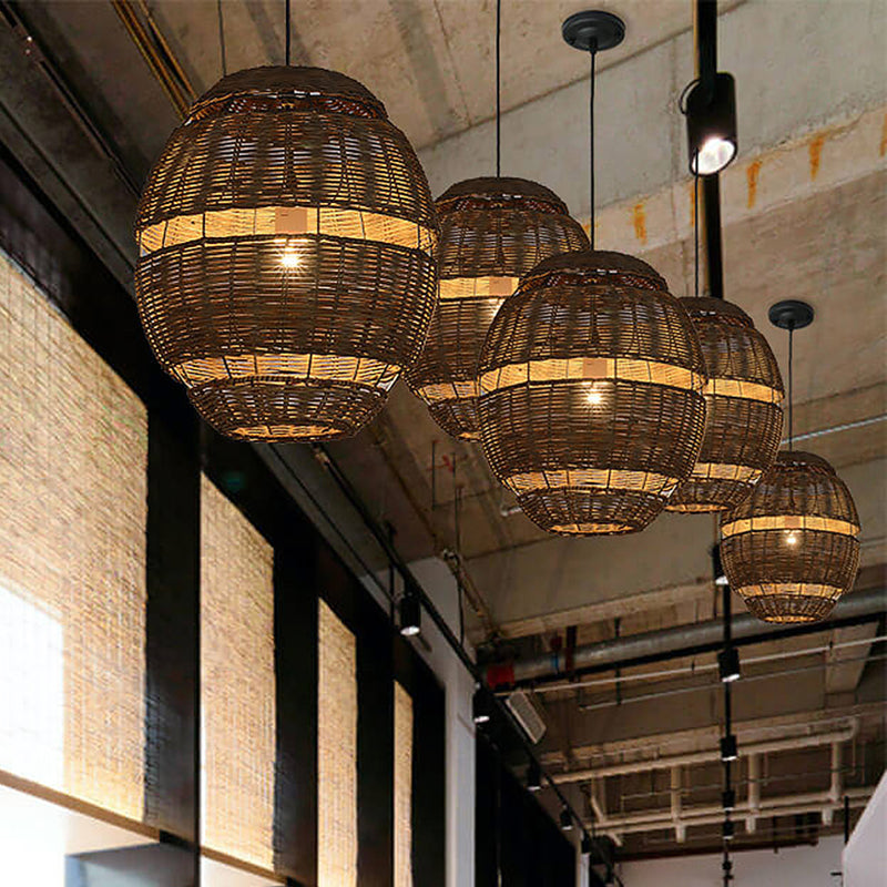 Oval Shade Pendant Lamp Lodge Stylish Rattan 1 Bulb Brown Hanging Light Fixture for Restaurant, 14