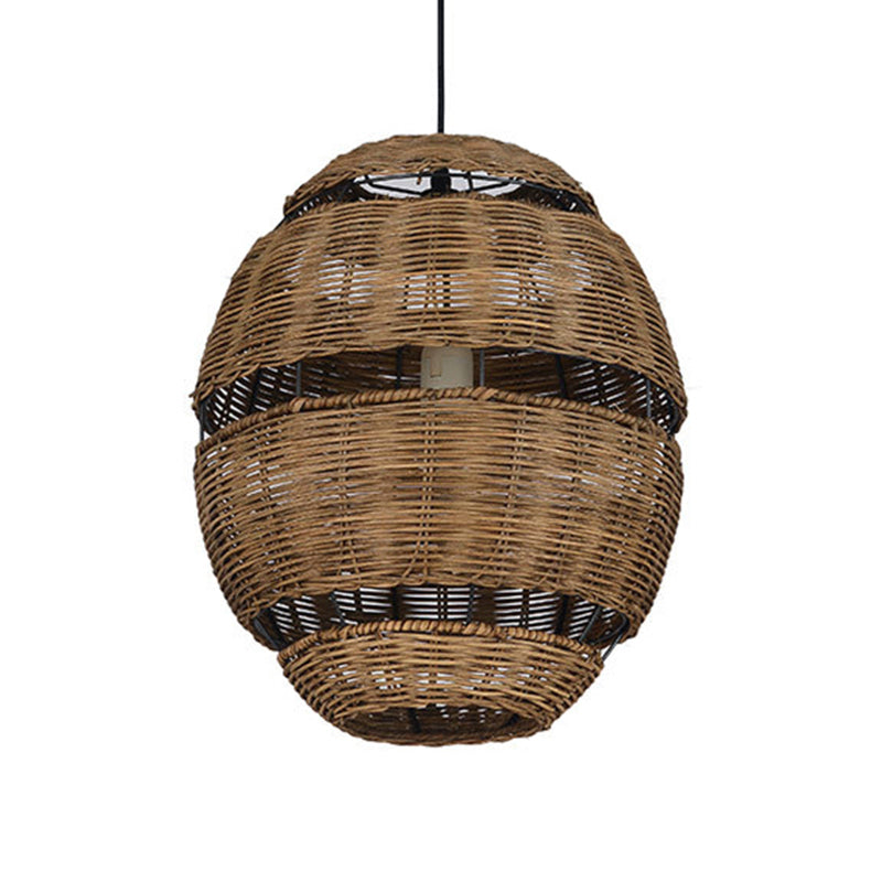 Oval Shade Pendant Lamp Lodge Stylish Rattan 1 Bulb Brown Hanging Light Fixture for Restaurant, 14