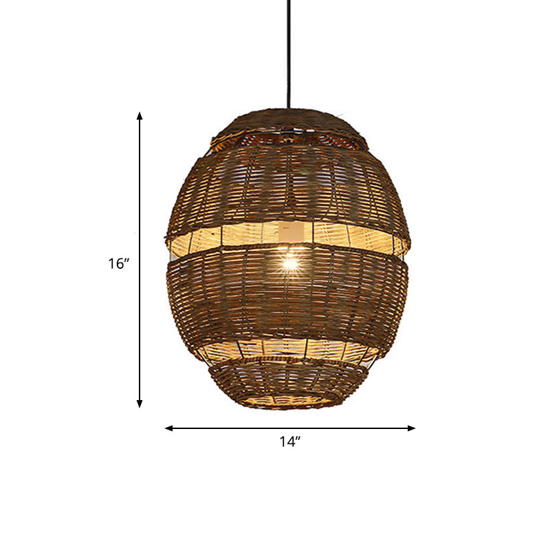 Oval Shade Pendant Lamp Lodge Stylish Rattan 1 Bulb Brown Hanging Light Fixture for Restaurant, 14