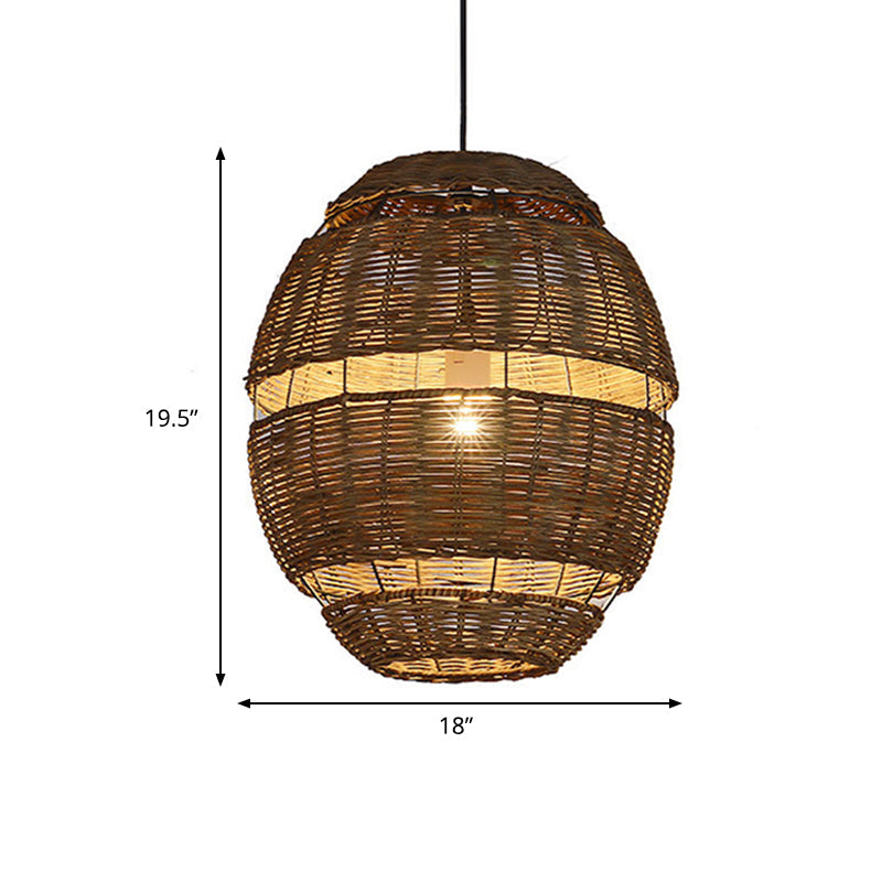 Oval Shade Pendant Lamp Lodge Stylish Rattan 1 Bulb Brown Hanging Light Fixture for Restaurant, 14