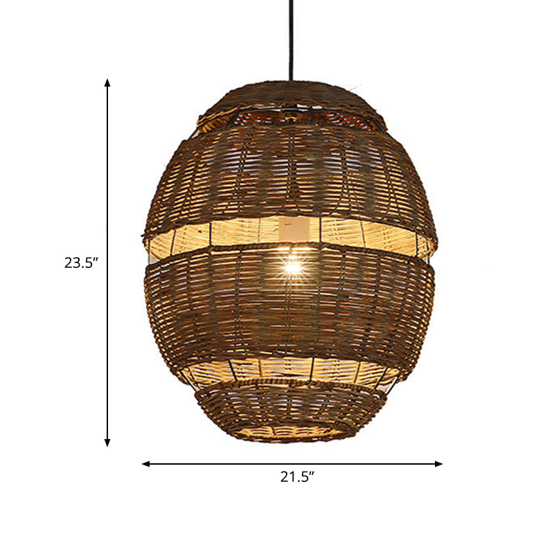 Oval Shade Pendant Lamp Lodge Stylish Rattan 1 Bulb Brown Hanging Light Fixture for Restaurant, 14