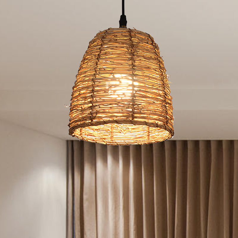 Conic Hanging Lamp Contemporary Style Rattan 1 Head Beige/Brown Suspension Light for Dining Room Clearhalo 'Ceiling Lights' 'Pendant Lights' 'Pendants' Lighting' 603887