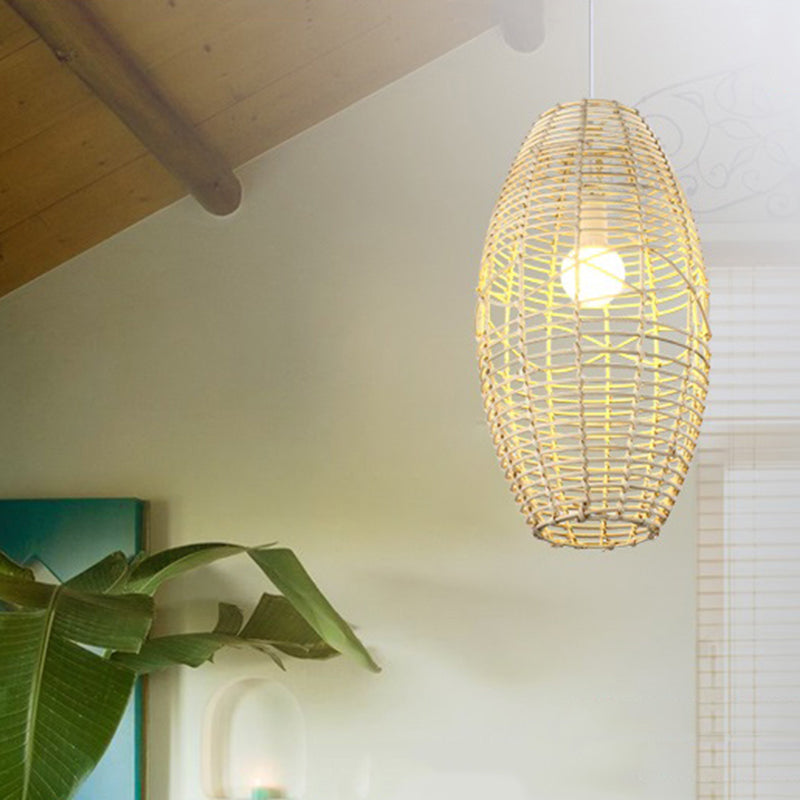 Beige/Brown Ellipse Hanging Pendant Rustic Woven Rattan 1-Light Suspended Lamp for Restaurant Cafe Clearhalo 'Ceiling Lights' 'Pendant Lights' 'Pendants' Lighting' 603906