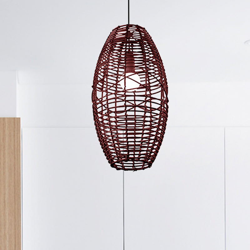 Beige/Brown Ellipse Hanging Pendant Rustic Woven Rattan 1-Light Suspended Lamp for Restaurant Cafe Clearhalo 'Ceiling Lights' 'Pendant Lights' 'Pendants' Lighting' 603911