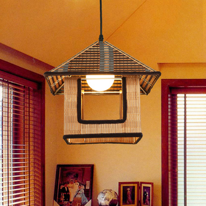 Knitted Bamboo House Shaped Pendant Lamp Farmhouse 1 Light Hanging Light for Cafe Restaurant Clearhalo 'Ceiling Lights' 'Pendant Lights' 'Pendants' Lighting' 603951