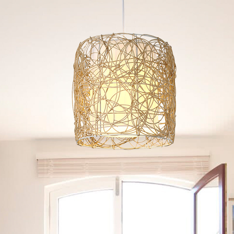 Woven Rattan Cylinder Pendant Lamp Rustic Single Head Hanging Light with Fabric Interior Shade Clearhalo 'Ceiling Lights' 'Pendant Lights' 'Pendants' Lighting' 605977