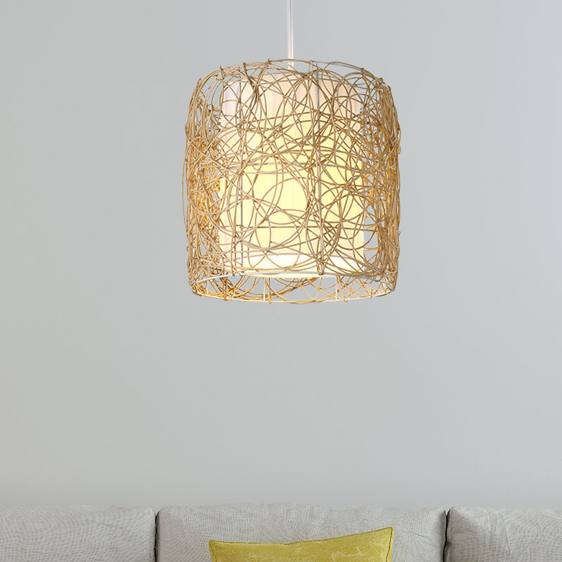 Woven Rattan Cylinder Pendant Lamp Rustic Single Head Hanging Light with Fabric Interior Shade Clearhalo 'Ceiling Lights' 'Pendant Lights' 'Pendants' Lighting' 605978