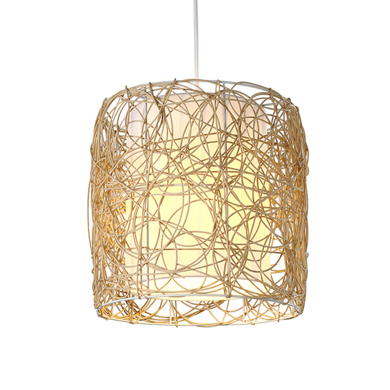 Woven Rattan Cylinder Pendant Lamp Rustic Single Head Hanging Light with Fabric Interior Shade Clearhalo 'Ceiling Lights' 'Pendant Lights' 'Pendants' Lighting' 605980