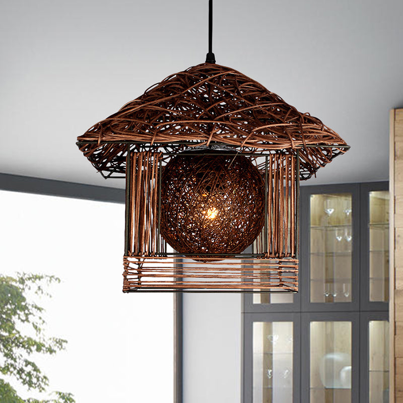 Beige/Brown/White House Shaped Hanging Light Rustic Rattan 1 Head Drop Light for Dining Room Clearhalo 'Ceiling Lights' 'Pendant Lights' 'Pendants' Lighting' 605997