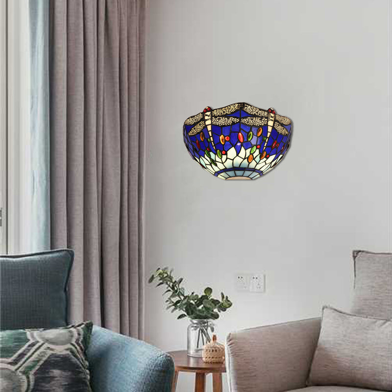 Half-Bowl Wall Light with Dragonfly and Jewel Tiffany Stained Glass Wall Sconce in Red/Blue for Cafe Blue Clearhalo 'Industrial' 'Middle century wall lights' 'Tiffany wall lights' 'Tiffany' 'Wall Lamps & Sconces' 'Wall Lights' Lighting' 60603