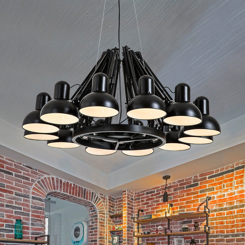 Black/Red 12 Bulbs Hanging Lighting Industrial Metal Swing Arm Chandelier Lamp with Dome Shade for Living Room Black Clearhalo 'Cast Iron' 'Ceiling Lights' 'Chandeliers' 'Industrial Chandeliers' 'Industrial' 'Metal' 'Middle Century Chandeliers' 'Rustic Chandeliers' 'Tiffany' Lighting' 612052