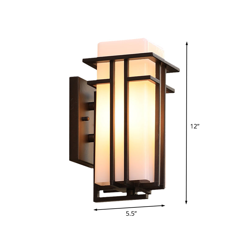 White Glass Cuboid Wall Sconce Country 1 Head Outdoor Wall Mount Light with Matte Black Metal Frame Clearhalo 'Wall Lamps & Sconces' 'Wall Lights' Lighting' 612282