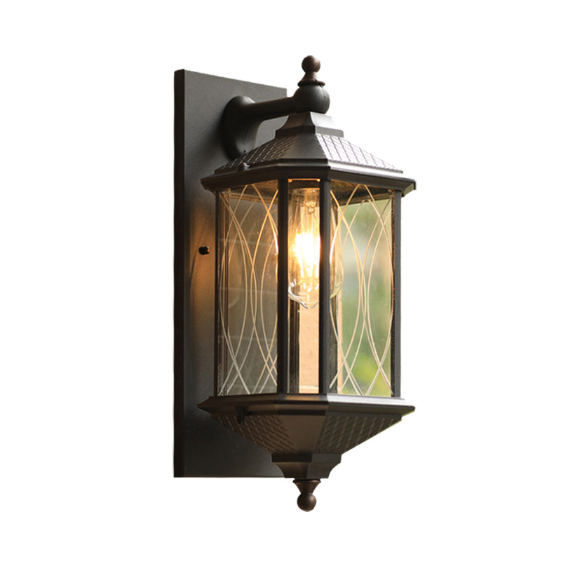 Rectangle Aluminum Wall Mount Light Country 1 Light Outdoor Sconce Lamp in Coffee with Clear Textured Glass Shade Clearhalo 'Wall Lamps & Sconces' 'Wall Lights' Lighting' 612308