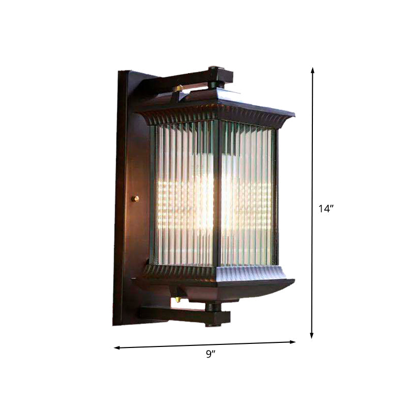 1 Bulb Cuboid Sconce Lighting Rustic Dark Coffee Clear Ribbed Glass Wall Mounted Lamp, 9