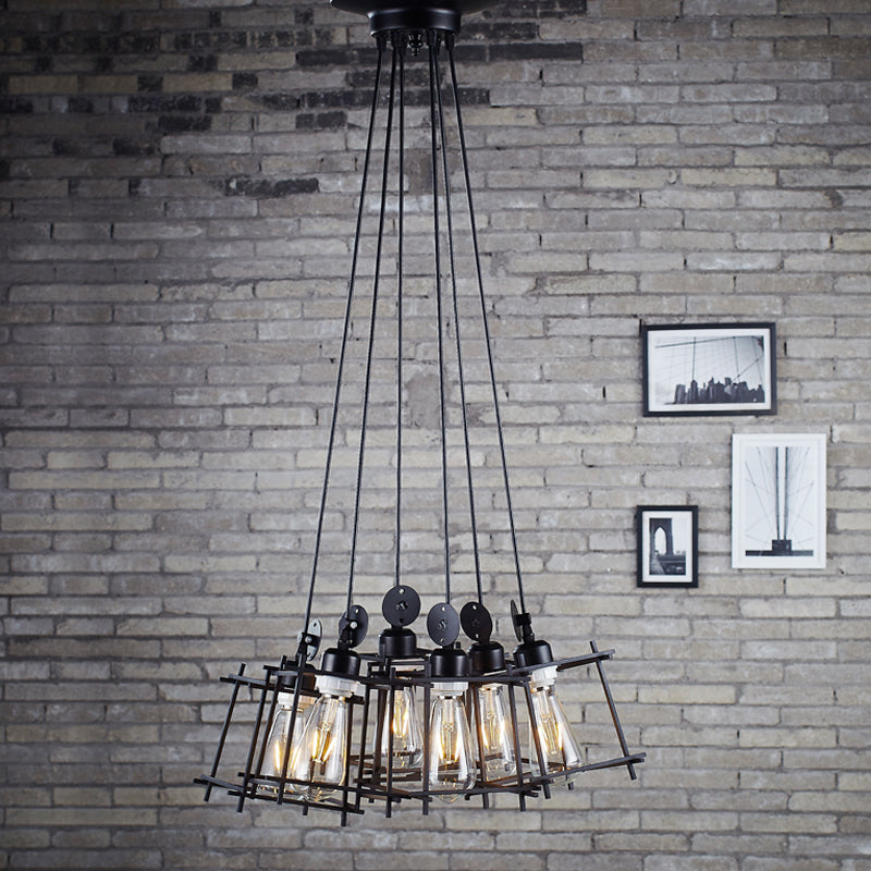 Black Cluster Pendant Light with Cage Shade Retro Metallic 6 Lights Farmhouse Ceiling Fixture Clearhalo 'Art Deco Pendants' 'Black' 'Cast Iron' 'Ceiling Lights' 'Ceramic' 'Crystal' 'Industrial Pendants' 'Industrial' 'Metal' 'Middle Century Pendants' 'Pendant Lights' 'Pendants' 'Rustic Pendants' 'Tiffany' Lighting' 612640