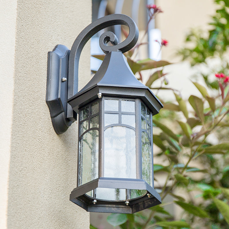 Seedy Glass Black Sconce Light Lantern 1-Light Rustic Wall Lamp Fixture for Porch Garden Black Clearhalo 'Art deco wall lights' 'Cast Iron' 'Glass' 'Industrial wall lights' 'Industrial' 'Middle century wall lights' 'Modern' 'Rustic wall lights' 'Tiffany' 'Traditional wall lights' 'Wall Lamps & Sconces' 'Wall Lights' Lighting' 612659