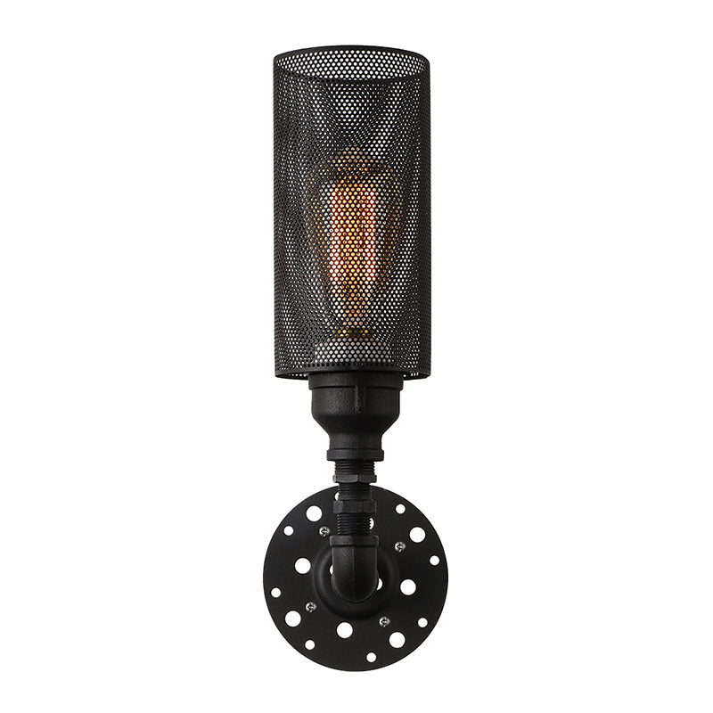 Metallic Cylinder Wall Lighting with Mesh Screen Vintage Stylish 1 Light Restaurant Wall Mount Light in Black Clearhalo 'Art deco wall lights' 'Cast Iron' 'Glass' 'Industrial wall lights' 'Industrial' 'Middle century wall lights' 'Modern' 'Rustic wall lights' 'Tiffany' 'Traditional wall lights' 'Wall Lamps & Sconces' 'Wall Lights' Lighting' 612763