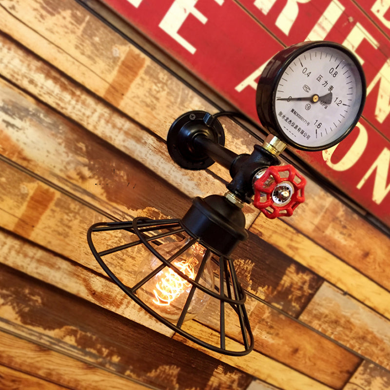 Metal Cone Caged Wall Lighting with Pressure Gauge Industrial 1 Bulb Coffee Shop Wall Sconce Light in Black Clearhalo 'Art deco wall lights' 'Cast Iron' 'Glass' 'Industrial wall lights' 'Industrial' 'Middle century wall lights' 'Modern' 'Rustic wall lights' 'Tiffany' 'Traditional wall lights' 'Wall Lamps & Sconces' 'Wall Lights' Lighting' 612841