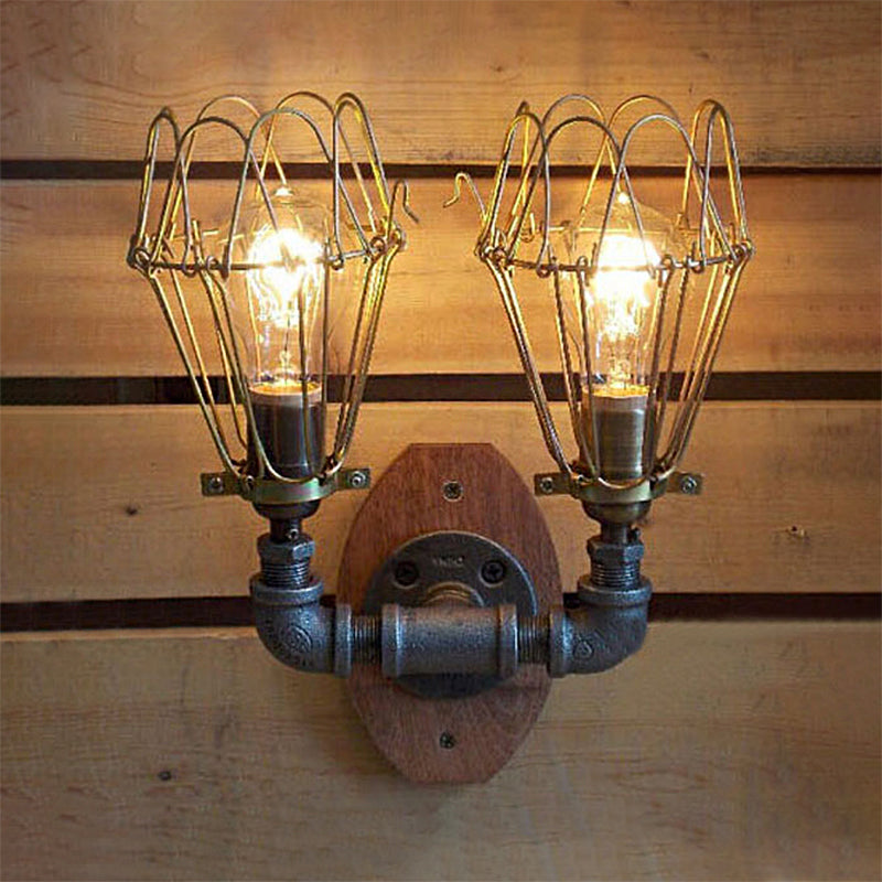 Warehouse U Shaped Wall Lamp with Wire Guard and Pipe 2 Lights Metallic Sconce Light in Brass Clearhalo 'Art deco wall lights' 'Cast Iron' 'Glass' 'Industrial wall lights' 'Industrial' 'Middle century wall lights' 'Modern' 'Rustic wall lights' 'Tiffany' 'Traditional wall lights' 'Wall Lamps & Sconces' 'Wall Lights' Lighting' 612851