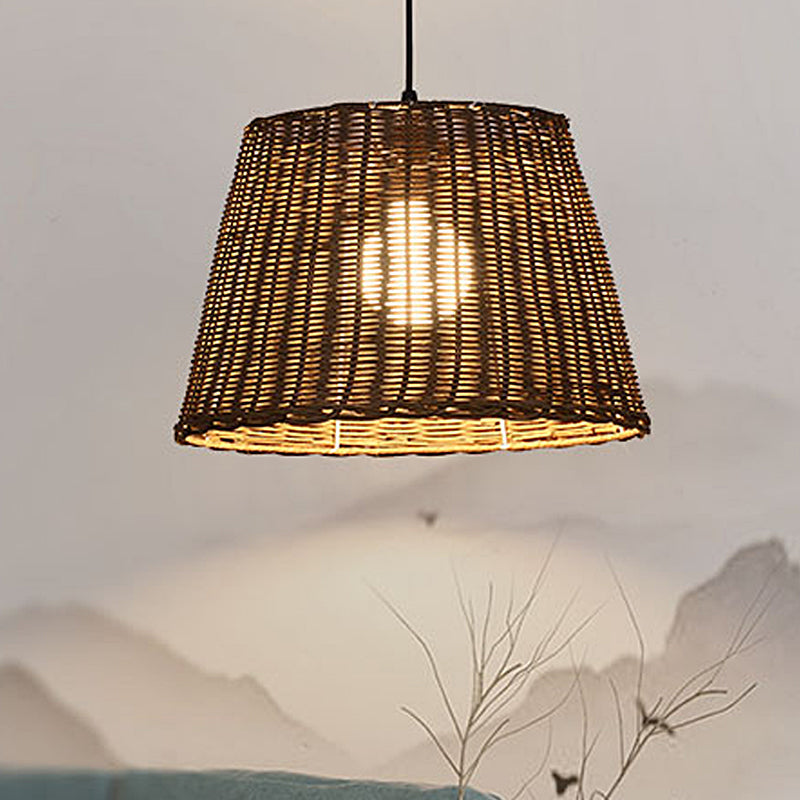 Bucket Shade Hanging Ceiling Light Asian Style Rattan 9.5