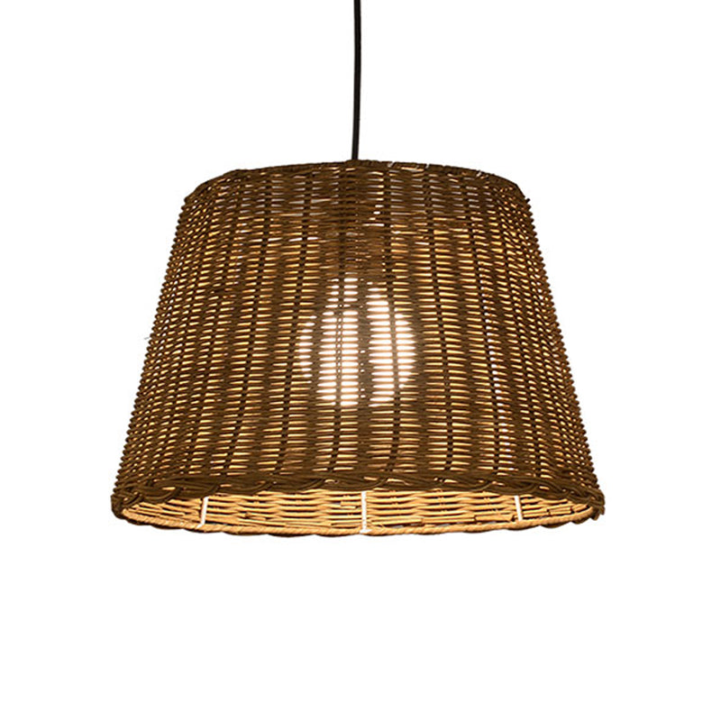 Bucket Shade Hanging Ceiling Light Asian Style Rattan 9.5