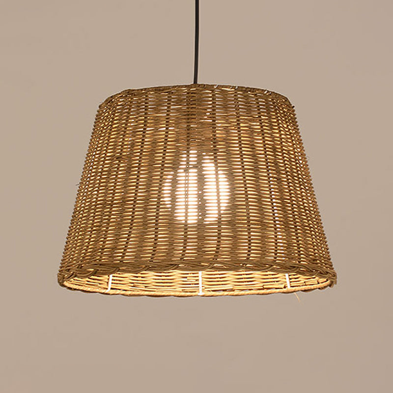 Bucket Shade Hanging Ceiling Light Asian Style Rattan 9.5