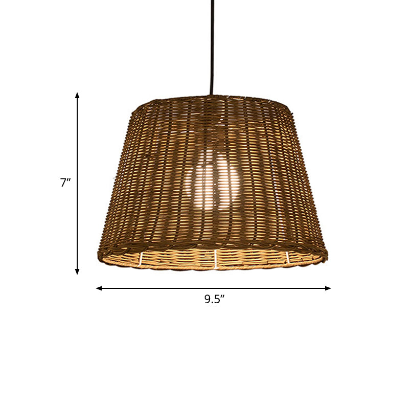 Bucket Shade Hanging Ceiling Light Asian Style Rattan 9.5