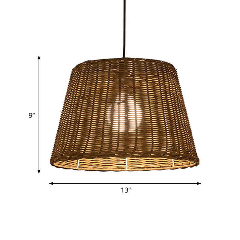 Bucket Shade Hanging Ceiling Light Asian Style Rattan 9.5