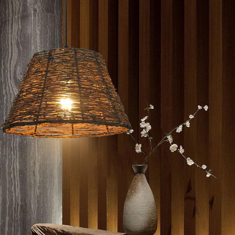 1 Bulb Restaurant Hanging Pendant Light with Conic Rattan Shade Asian Style Beige/Brown Ceiling Lighting Clearhalo 'Ceiling Lights' 'Pendant Lights' 'Pendants' Lighting' 613278