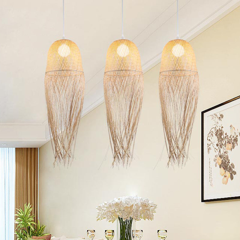 Hand-Knitted Pendant Light with Tassel Design Modern Bamboo 1 Head Beige Hanging Lamp for Dining Room Beige Clearhalo 'Ceiling Lights' 'Pendant Lights' 'Pendants' Lighting' 613339_65bb0412-c6e0-4403-9c9c-06784e0c7893