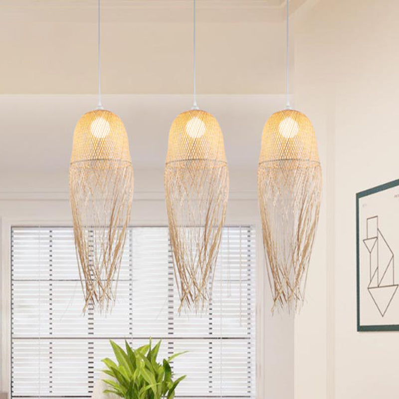 Hand-Knitted Pendant Light with Tassel Design Modern Bamboo 1 Head Beige Hanging Lamp for Dining Room Clearhalo 'Ceiling Lights' 'Pendant Lights' 'Pendants' Lighting' 613341